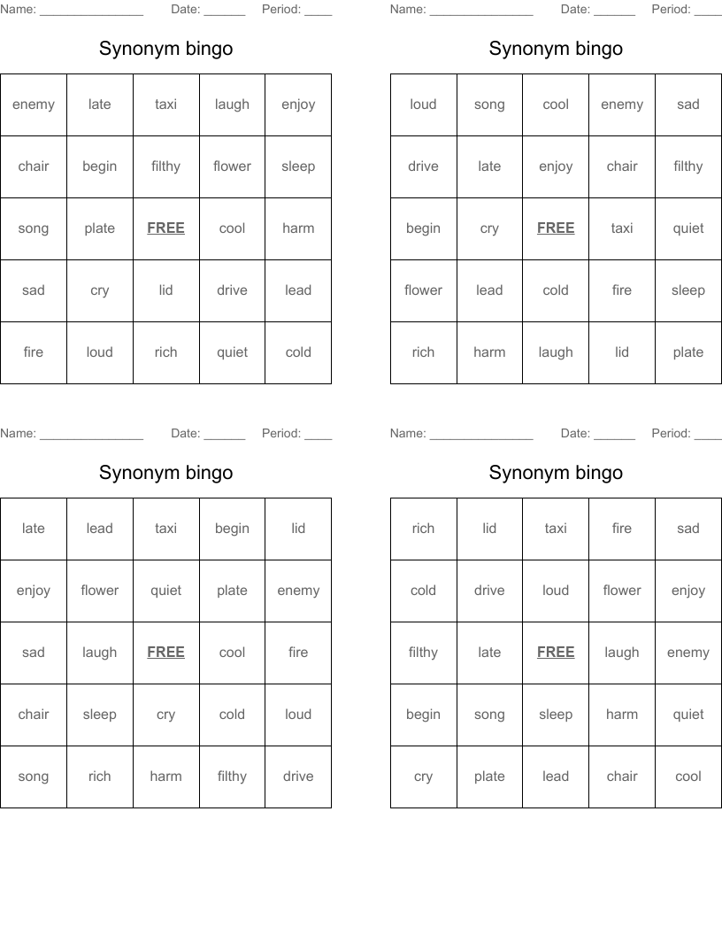 Synonym bingo