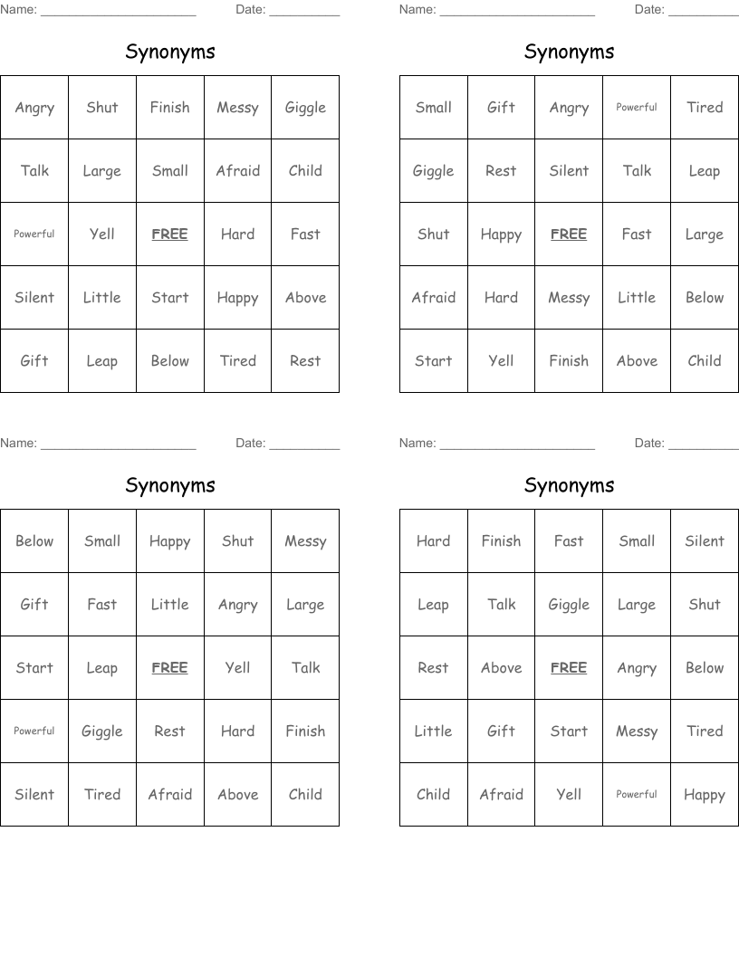 Synonyms Bingo Cards