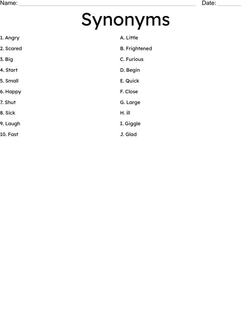 Synonyms Worksheet