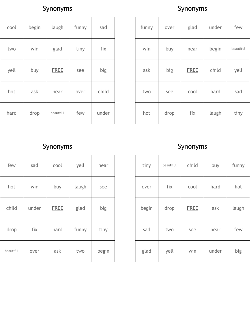 Synonyms Bingo Cards
