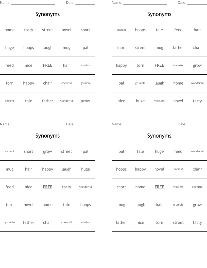 Synonyms Bingo Cards