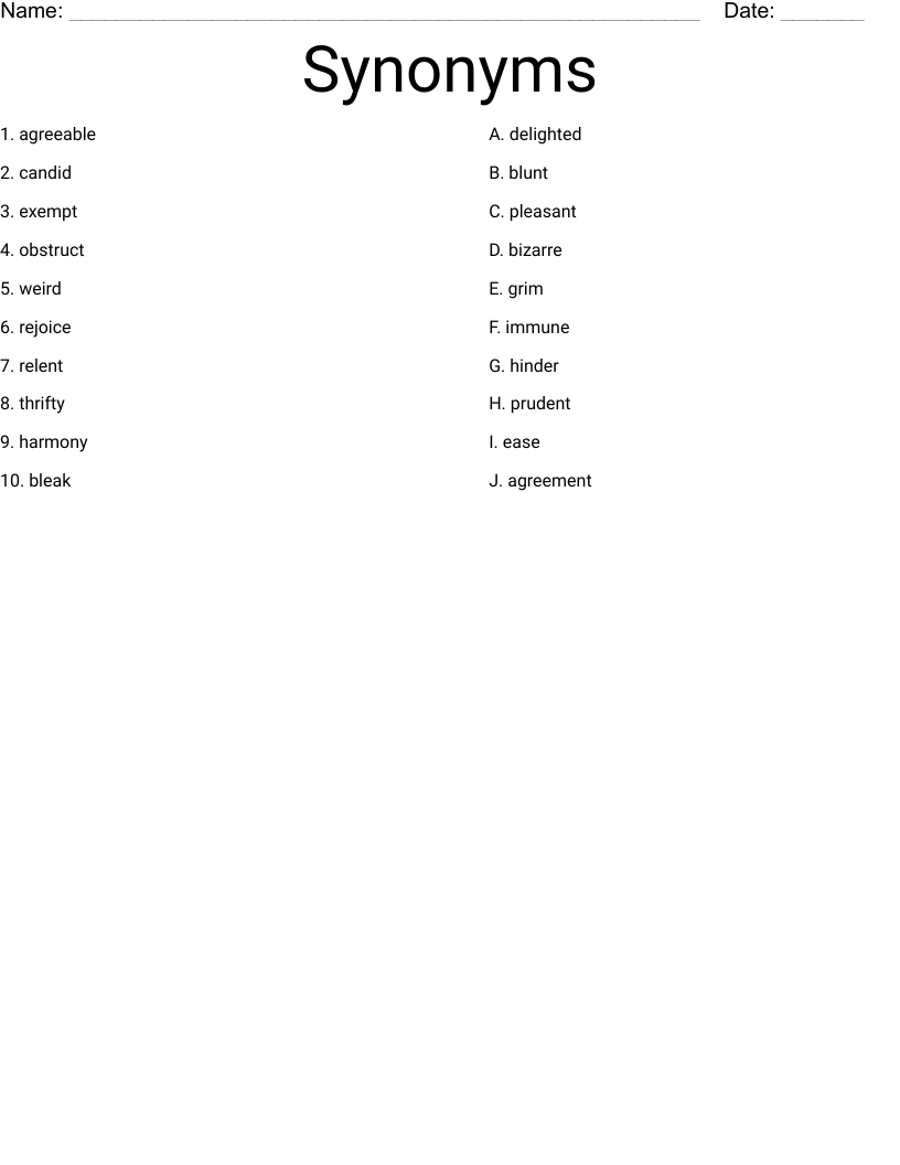 Synonyms Worksheet