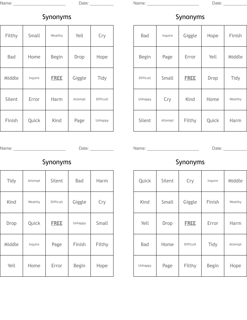 Synonyms Bingo Cards