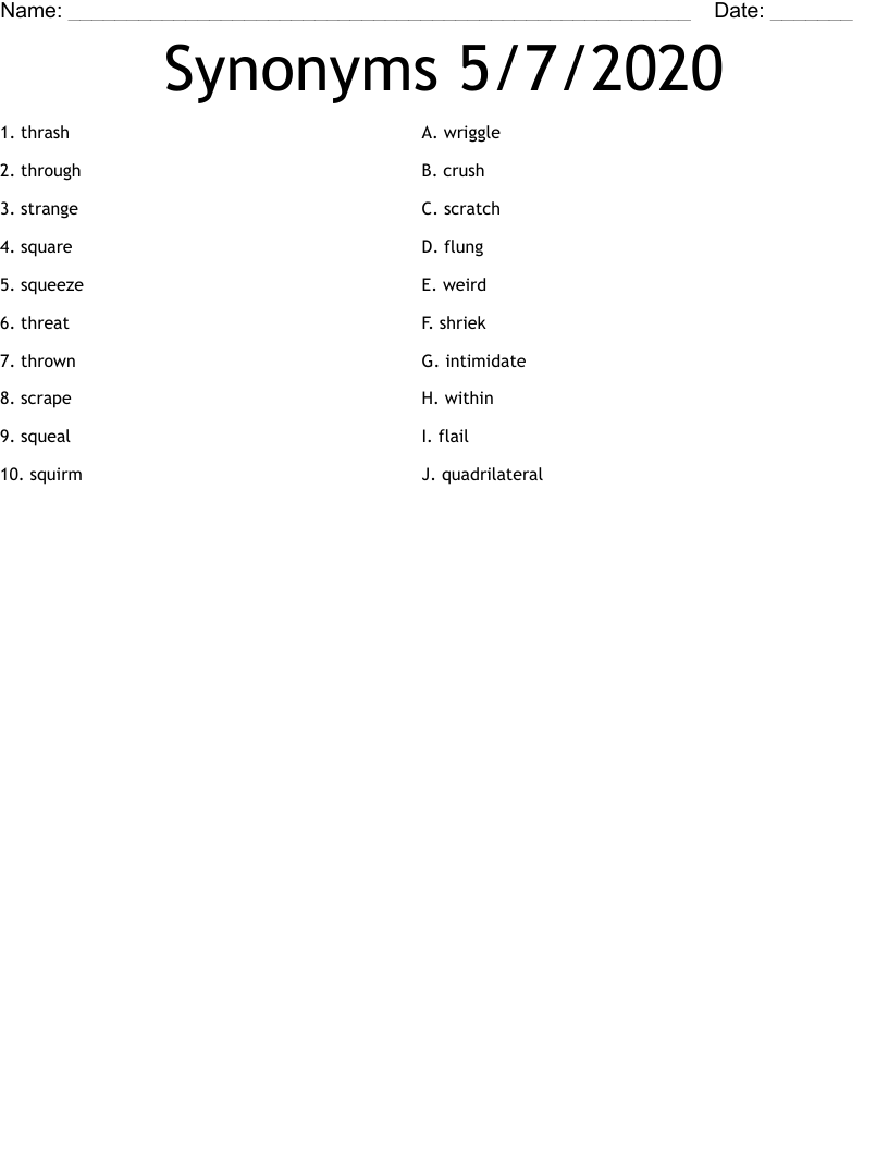 Synonyms 5/7/2020 Worksheet