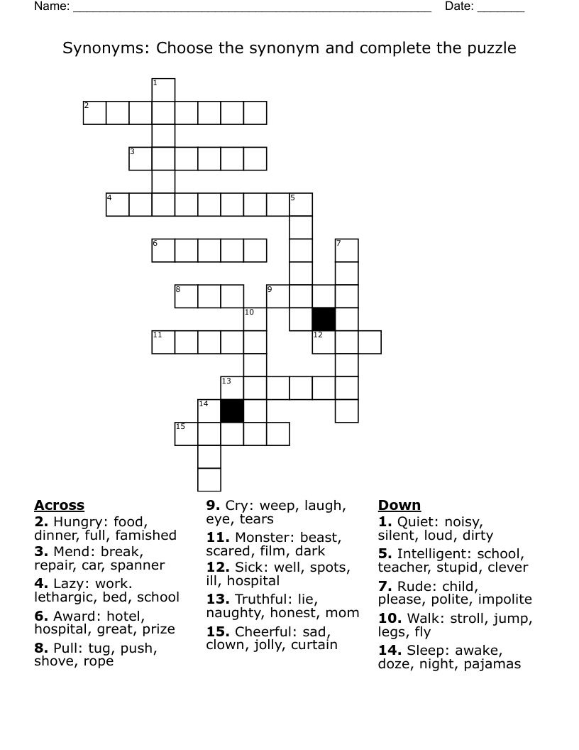 Synonyms: Choose the synonym and complete the puzzle  Crossword