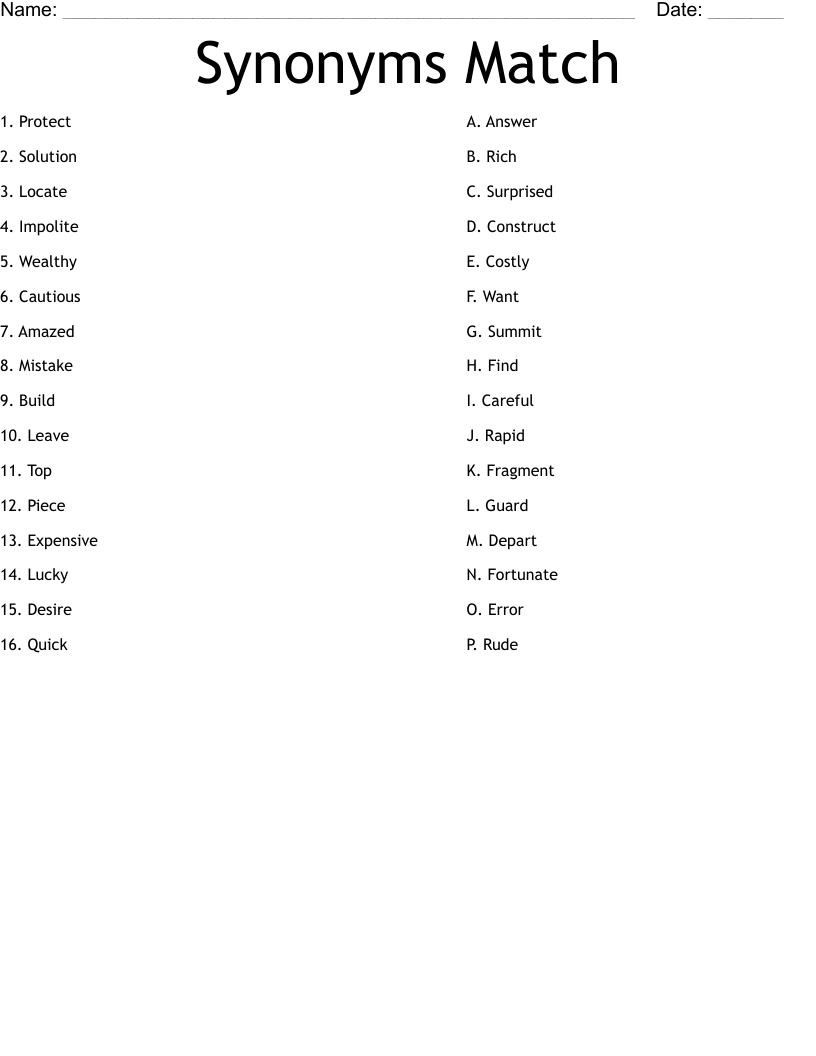 Synonyms Match Worksheet
