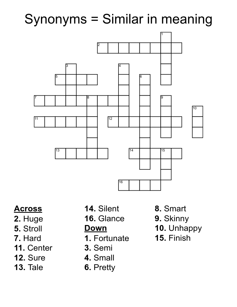 Synonyms = Similar in meaning Crossword