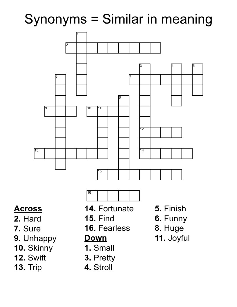 Synonyms = Similar in meaning Crossword