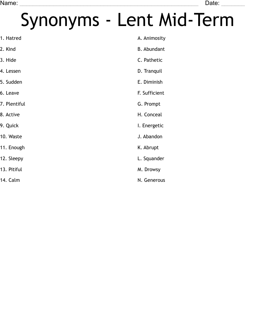 Synonyms  - Lent Mid-Term Worksheet