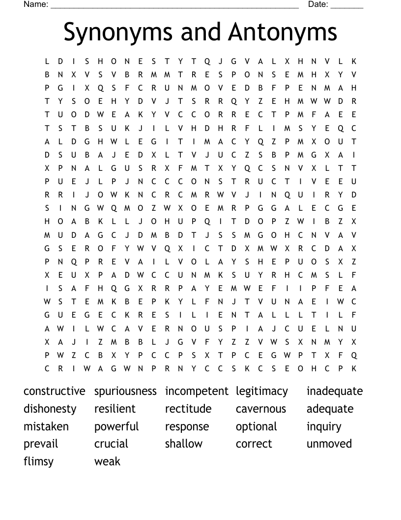 Synonyms and Antonyms Word Search