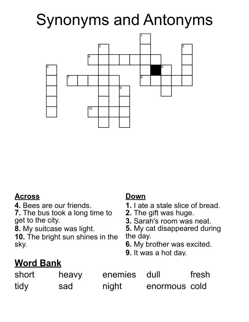 Synonyms and Antonyms Crossword