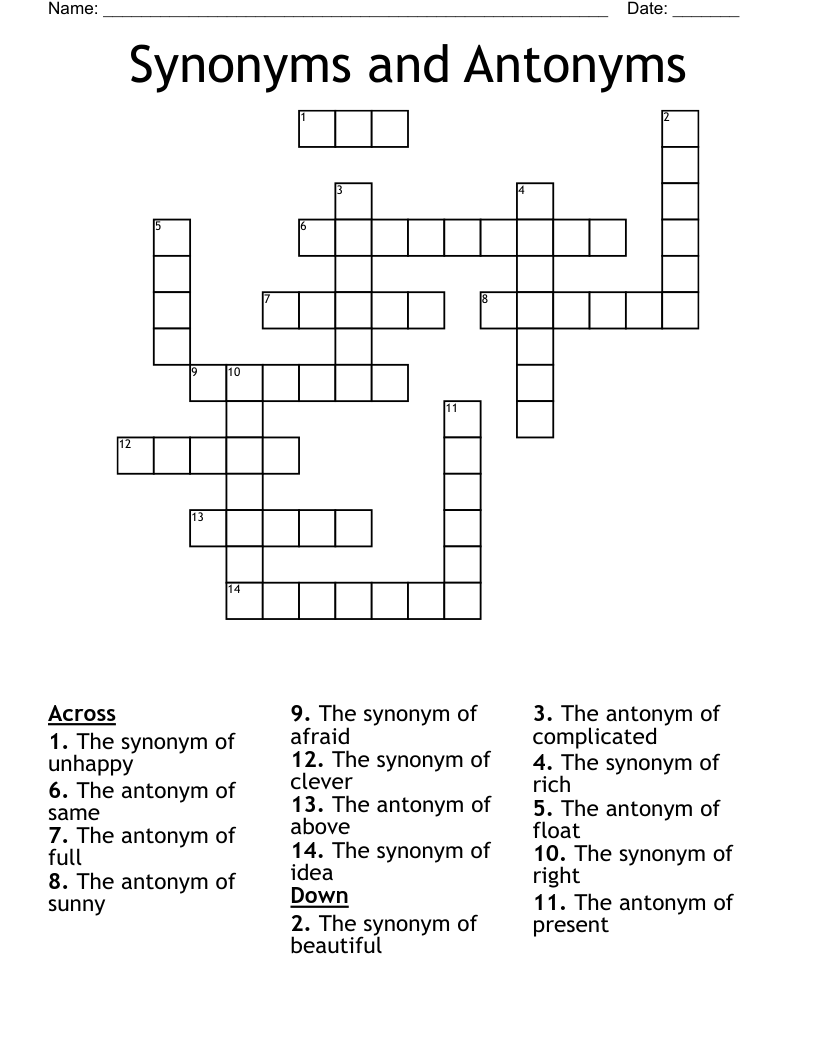 Synonyms and Antonyms Crossword