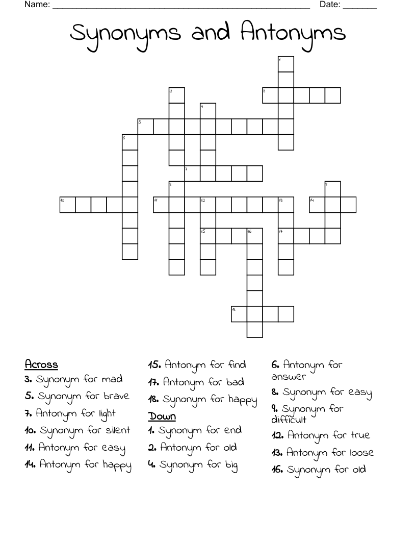 Synonyms and Antonyms Crossword