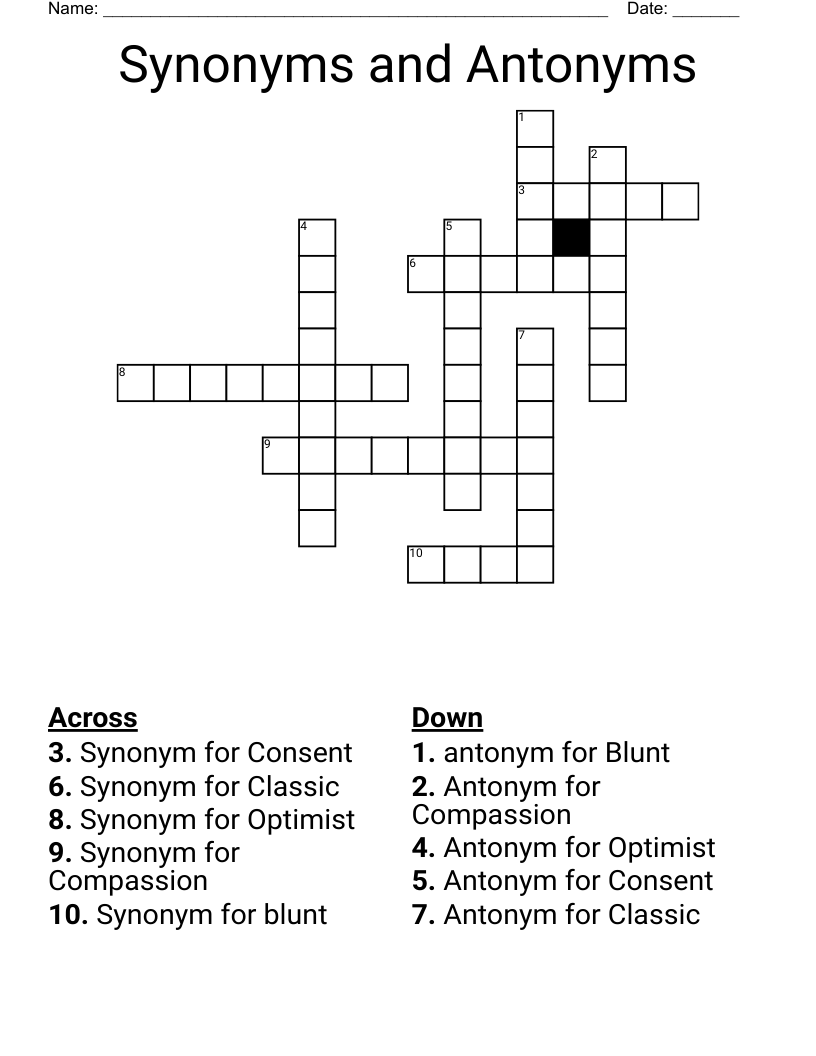 Synonyms and Antonyms Crossword