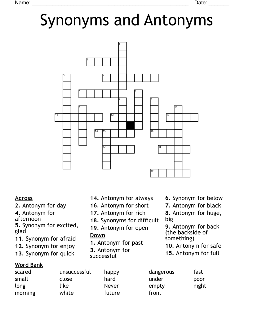 Synonyms and Antonyms Crossword