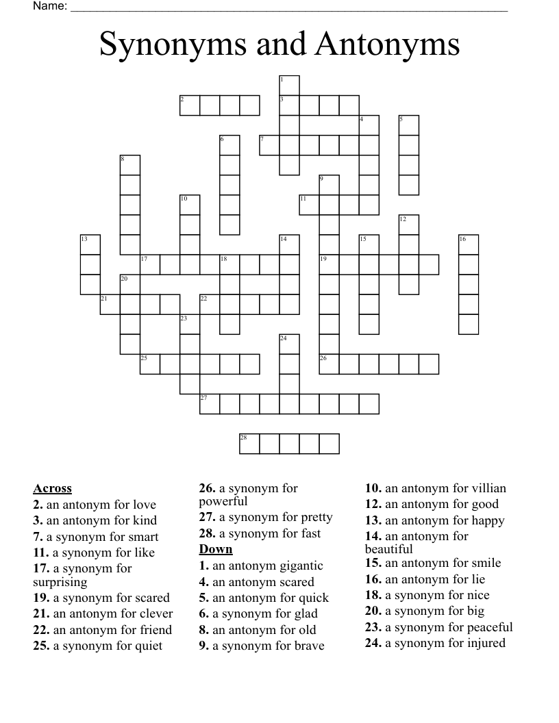 Synonyms and Antonyms Crossword
