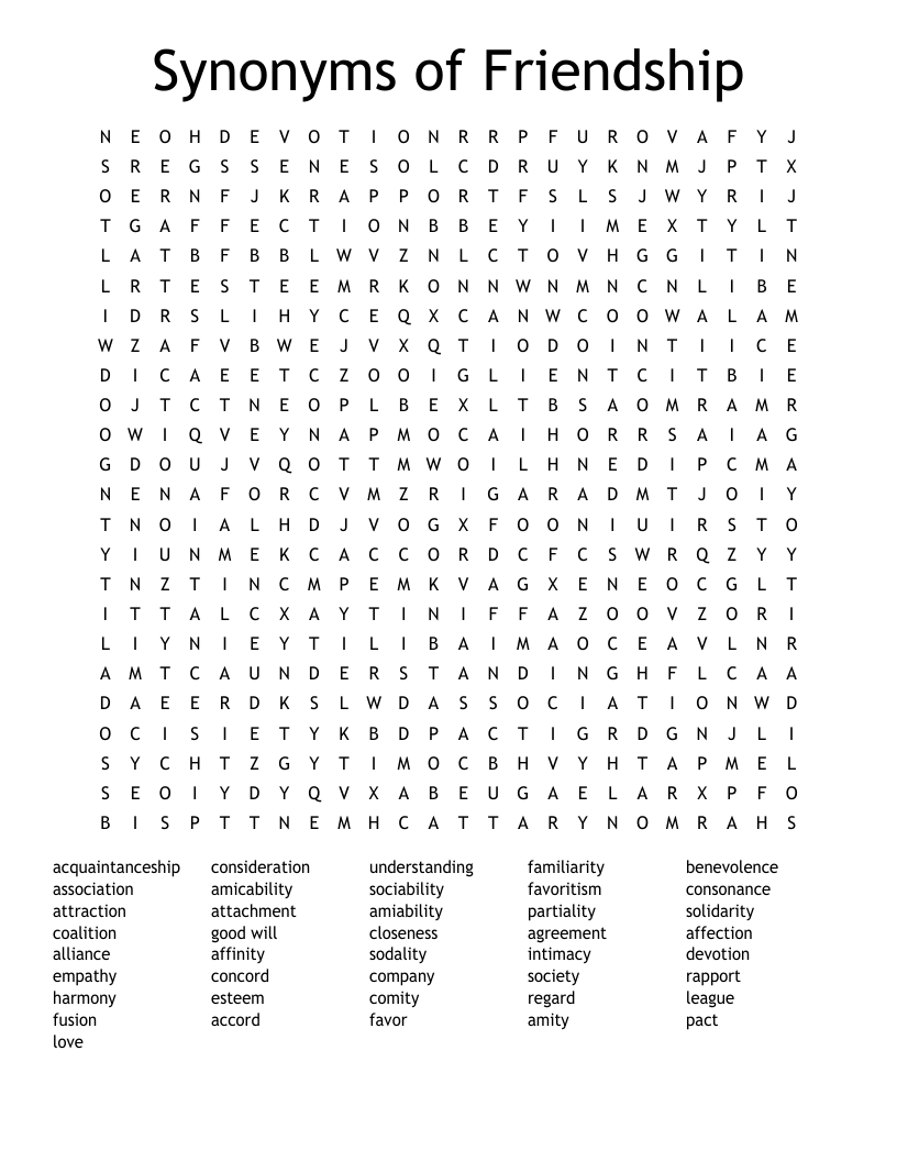 Synonyms of Friendship Word Search