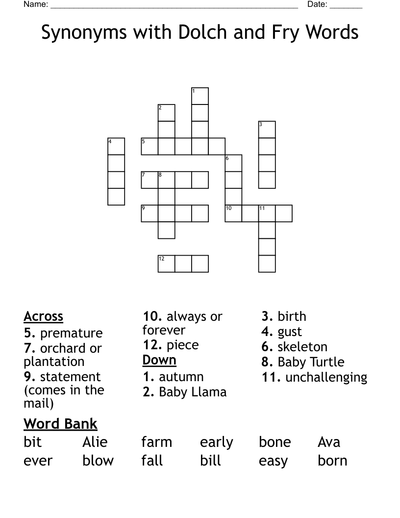 Synonyms with Dolch and Fry Words Crossword