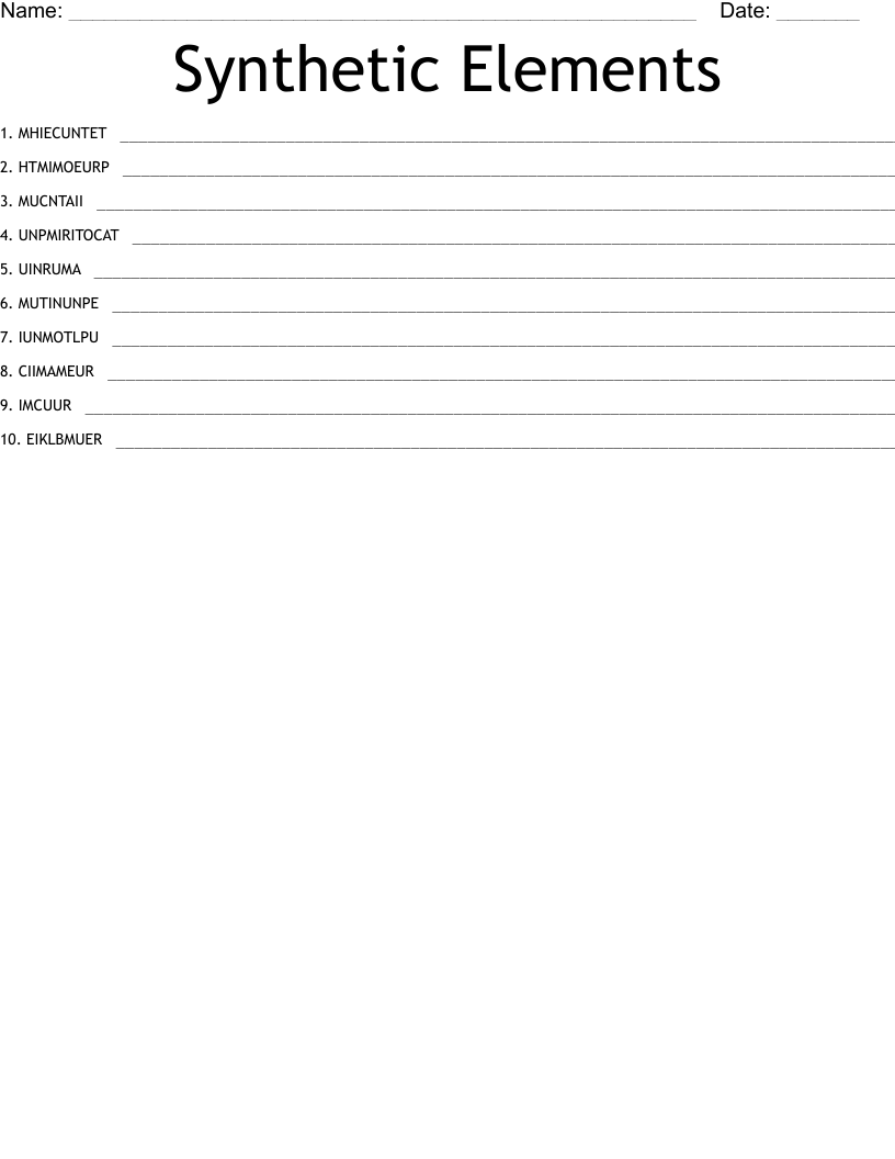 Synthetic Elements Word Scramble