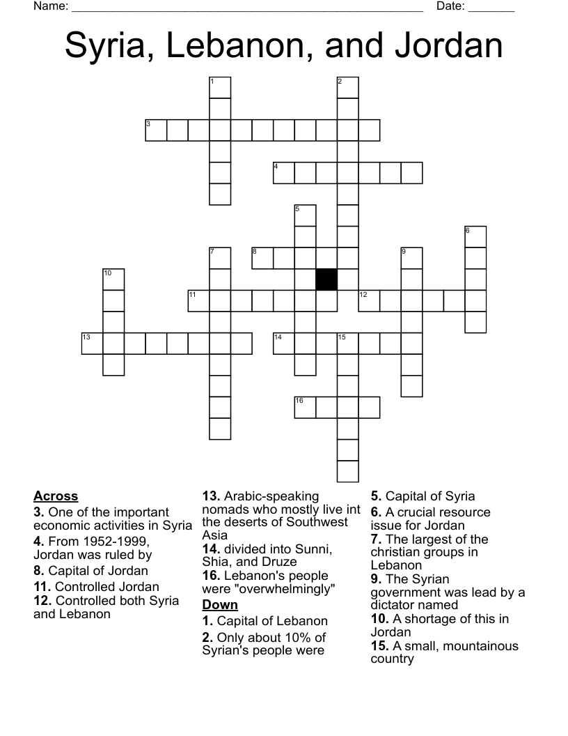Syria, Lebanon, and Jordan Crossword