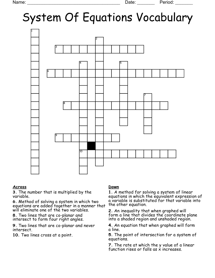 System Of Equations Vocabulary Crossword