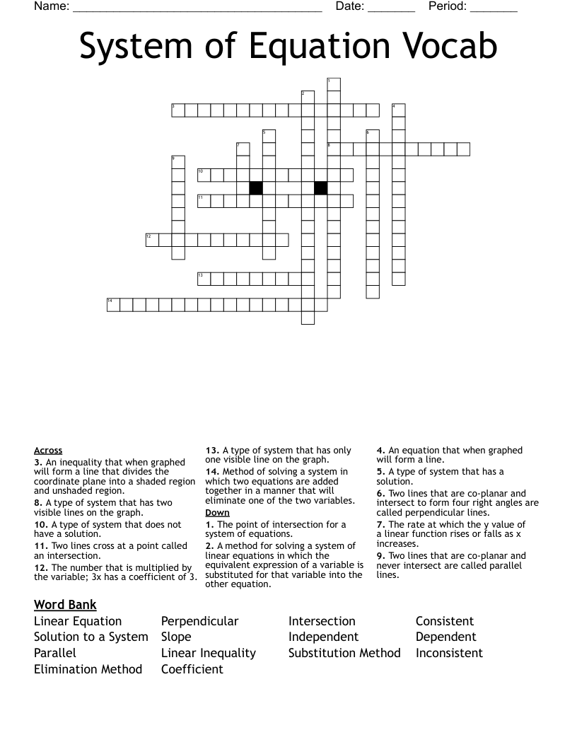 System of Equation Vocab Crossword