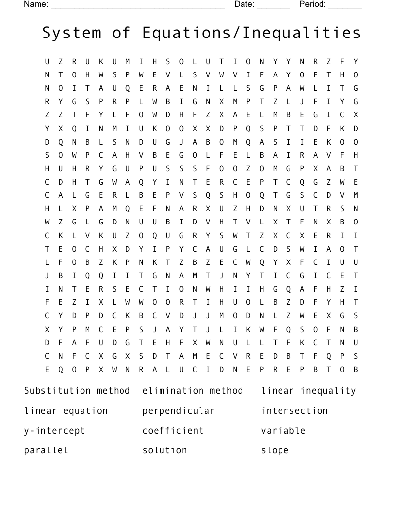 System of Equations/Inequalities Word Search