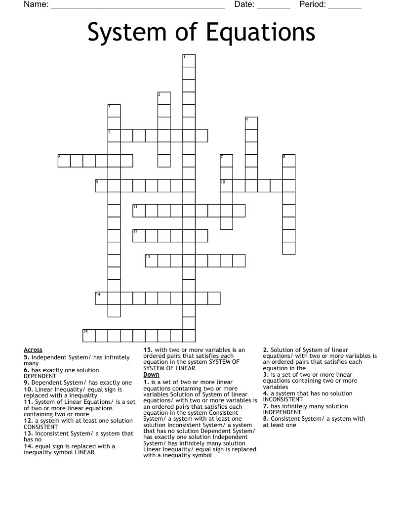 System of Equations Crossword