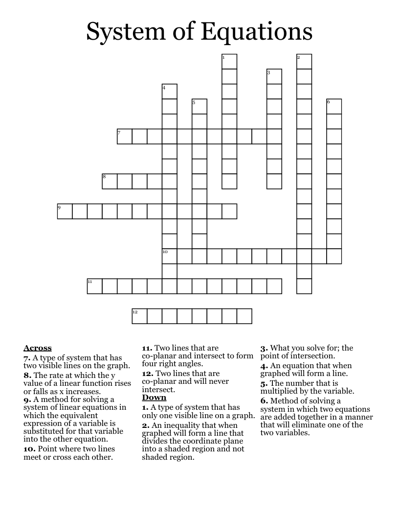 System of Equations Crossword