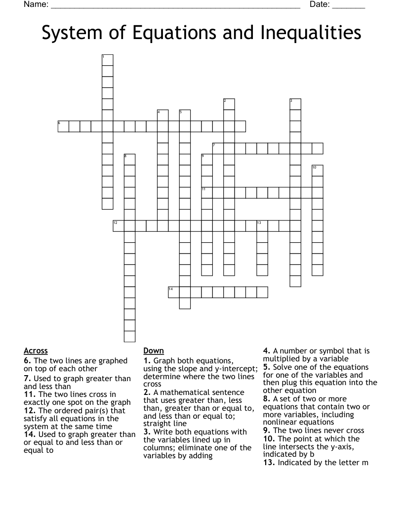 System of Equations and Inequalities Crossword