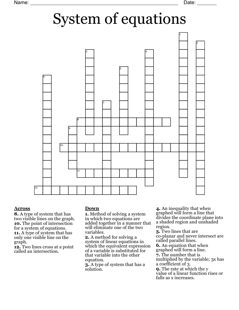 System of equations Crossword
