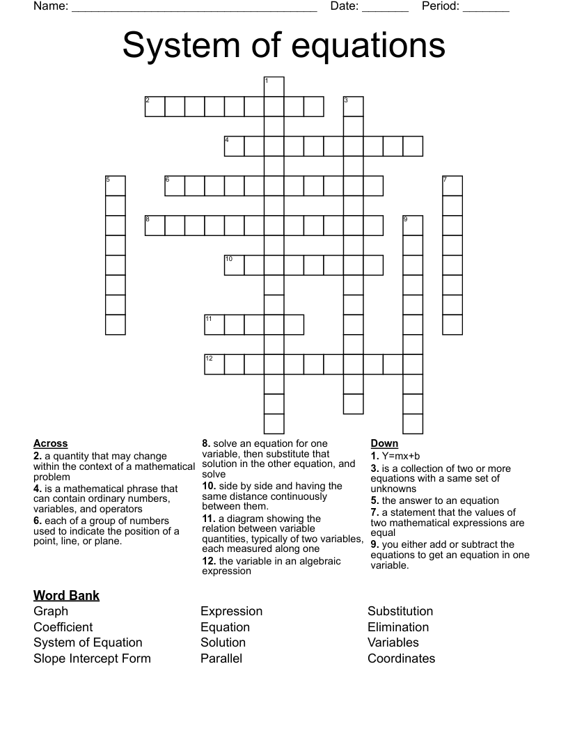 System of equations  Crossword