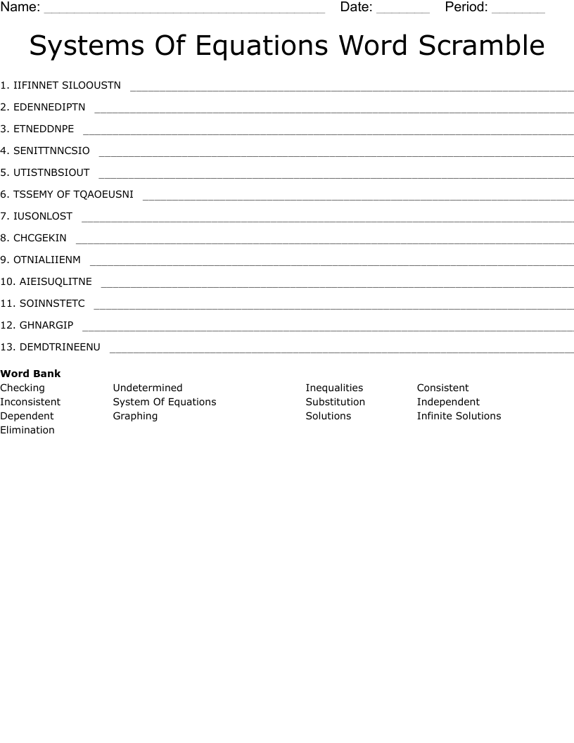 Systems Of Equations Word Scramble