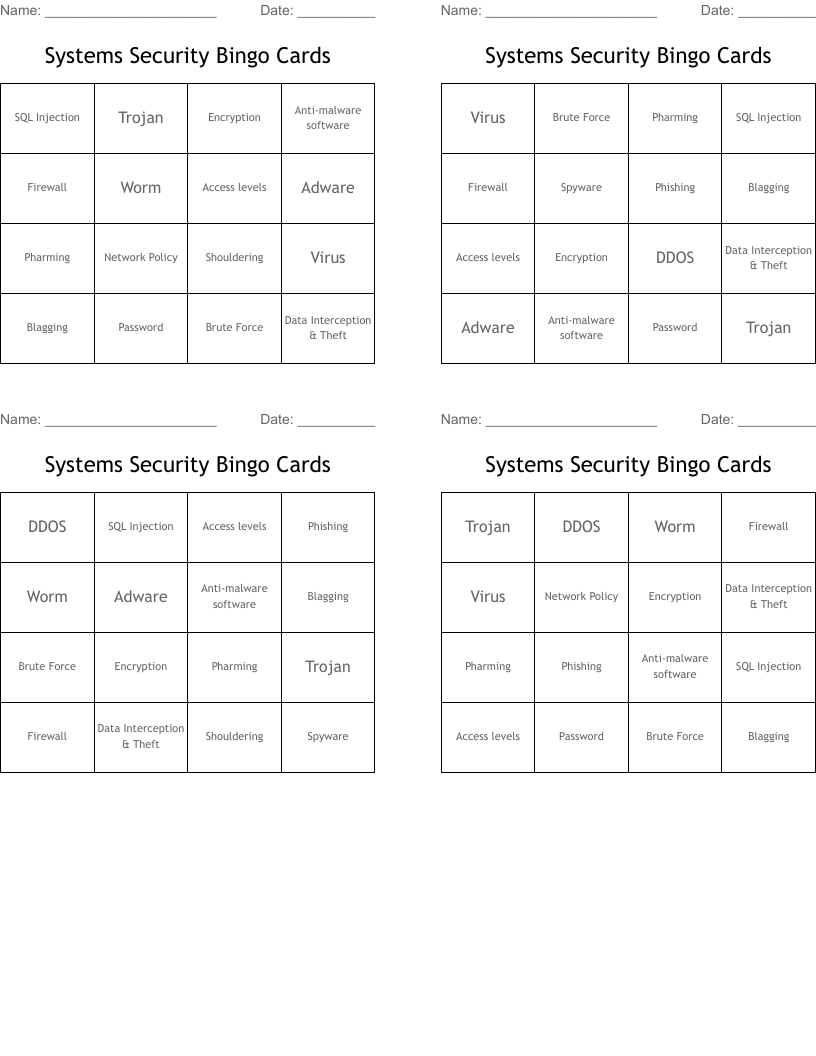 Systems Security Bingo Cards