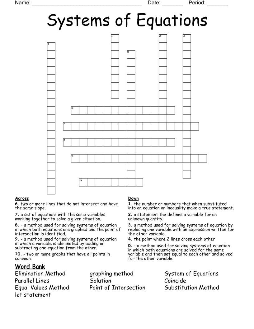 Systems of Equations Crossword