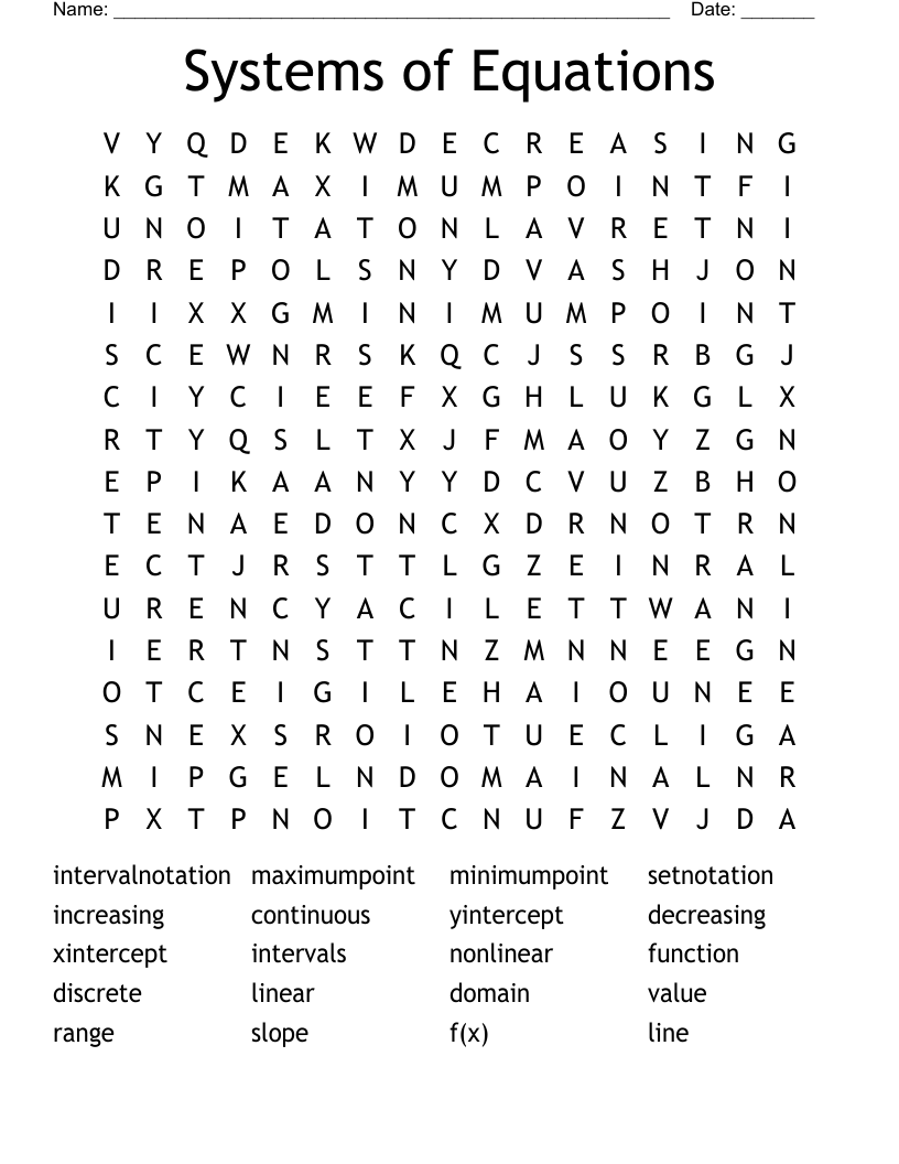 Systems of Equations Word Search