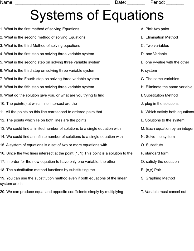 Systems of Equations Worksheet