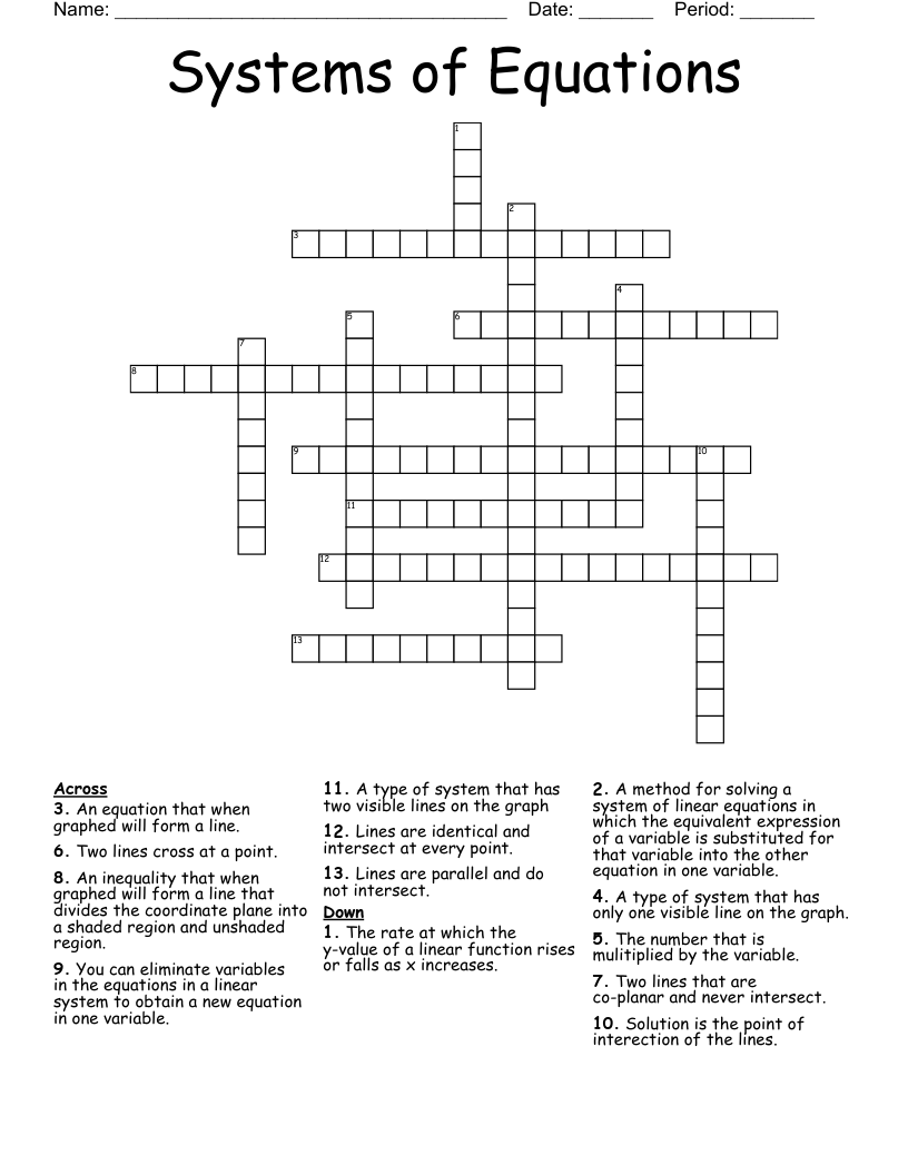 Systems of Equations Crossword