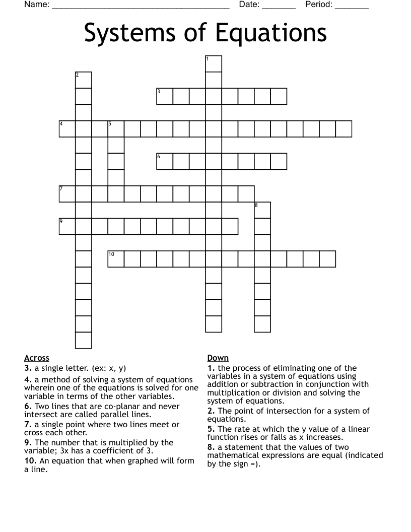 Systems of Equations Crossword