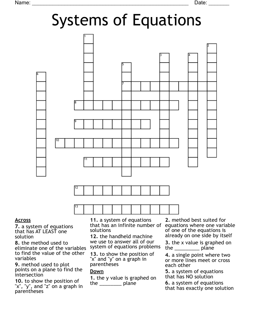 Systems of Equations Crossword