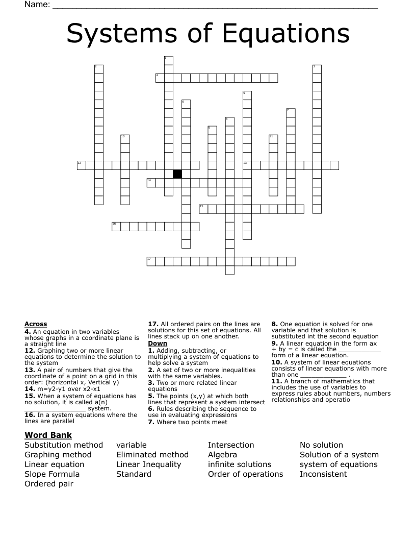 Systems of Equations Crossword