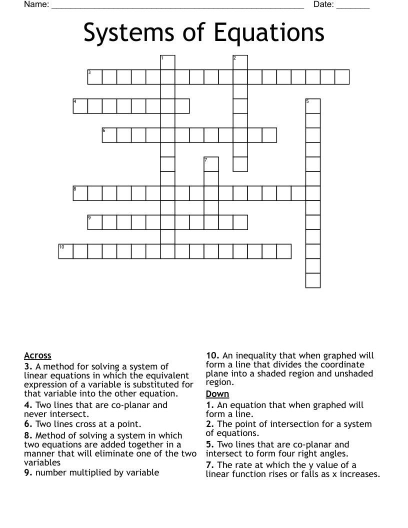 Systems of Equations Crossword