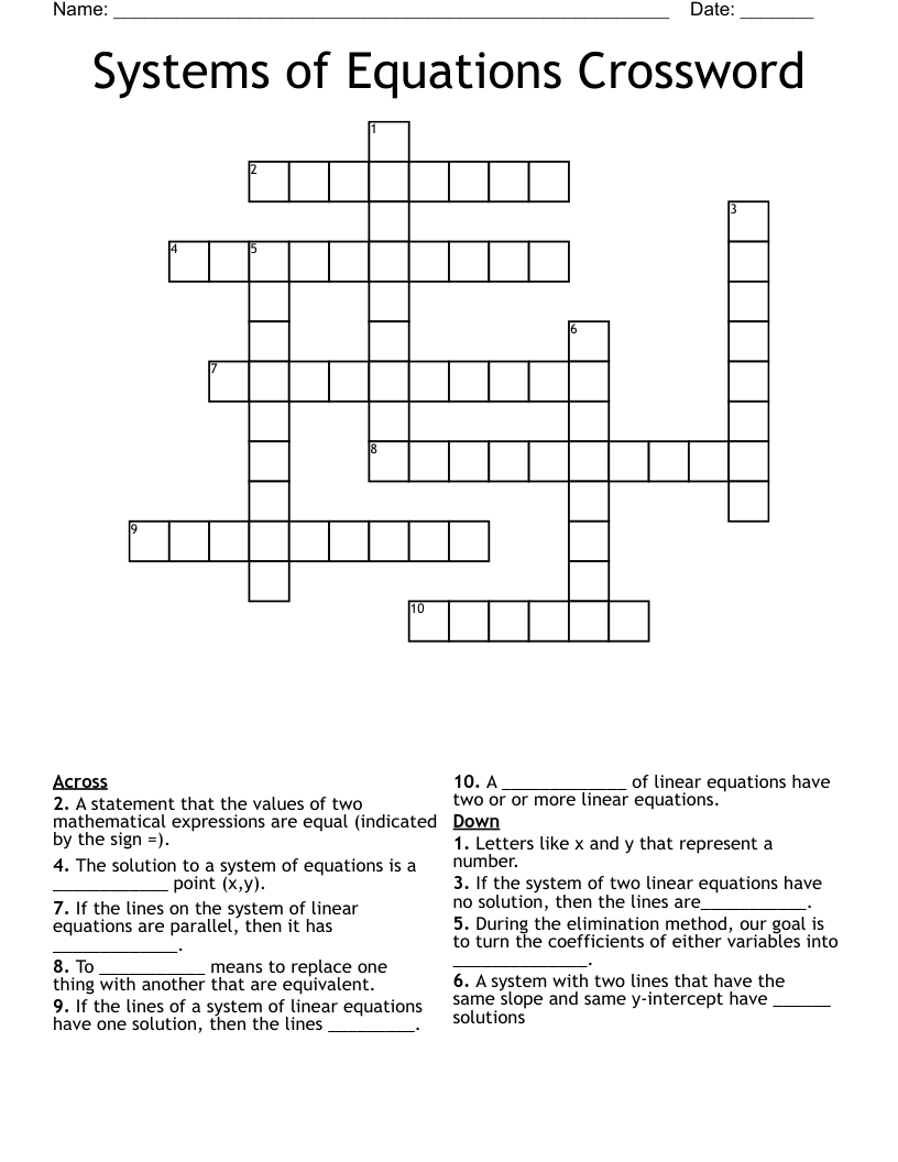 Systems of Equations Crossword