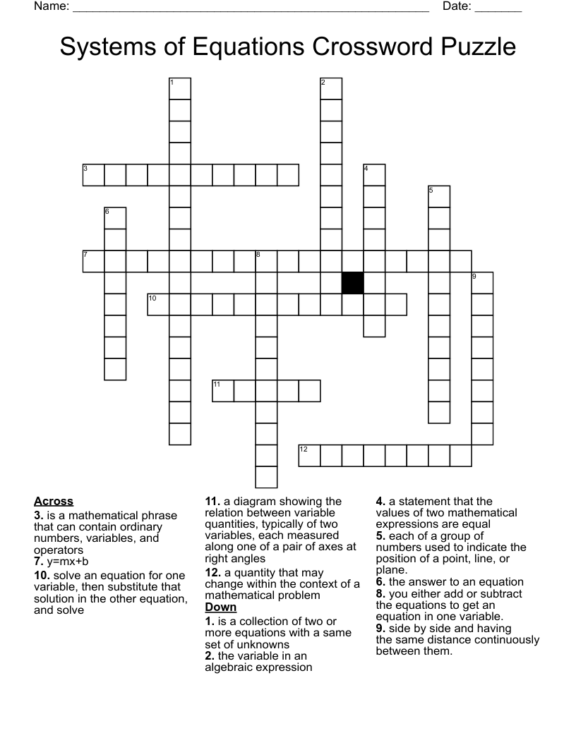 Systems of Equations Crossword Puzzle