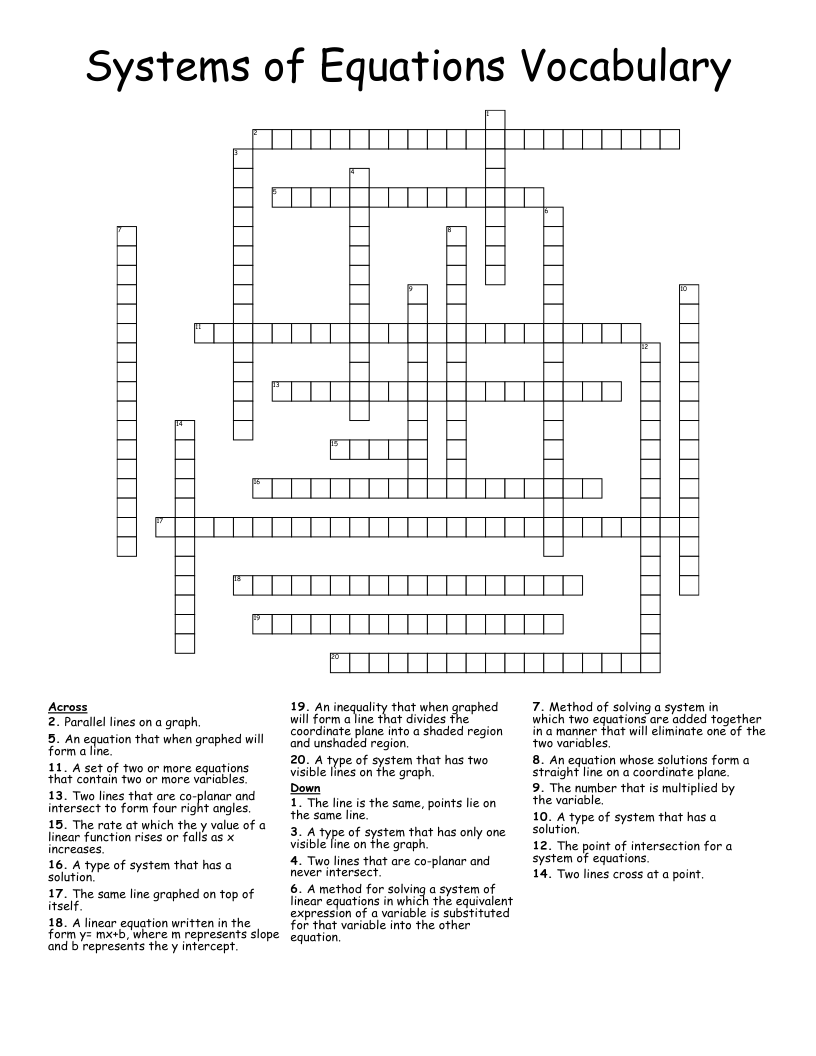 Systems of Equations Vocabulary Crossword