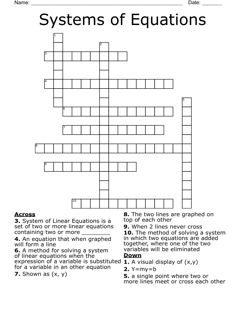 Systems of Equations  Crossword