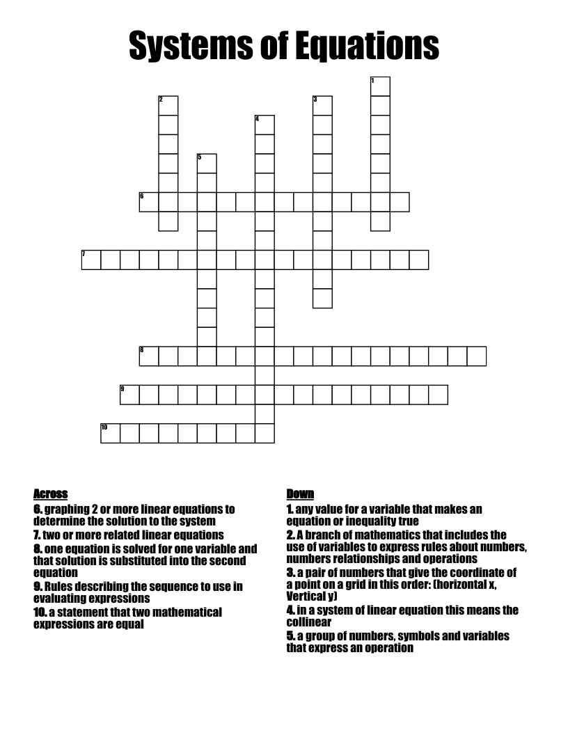 Systems of Equations  Crossword