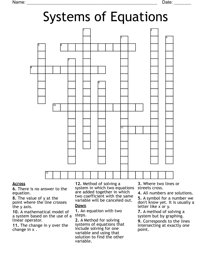 Systems of Equations  Crossword