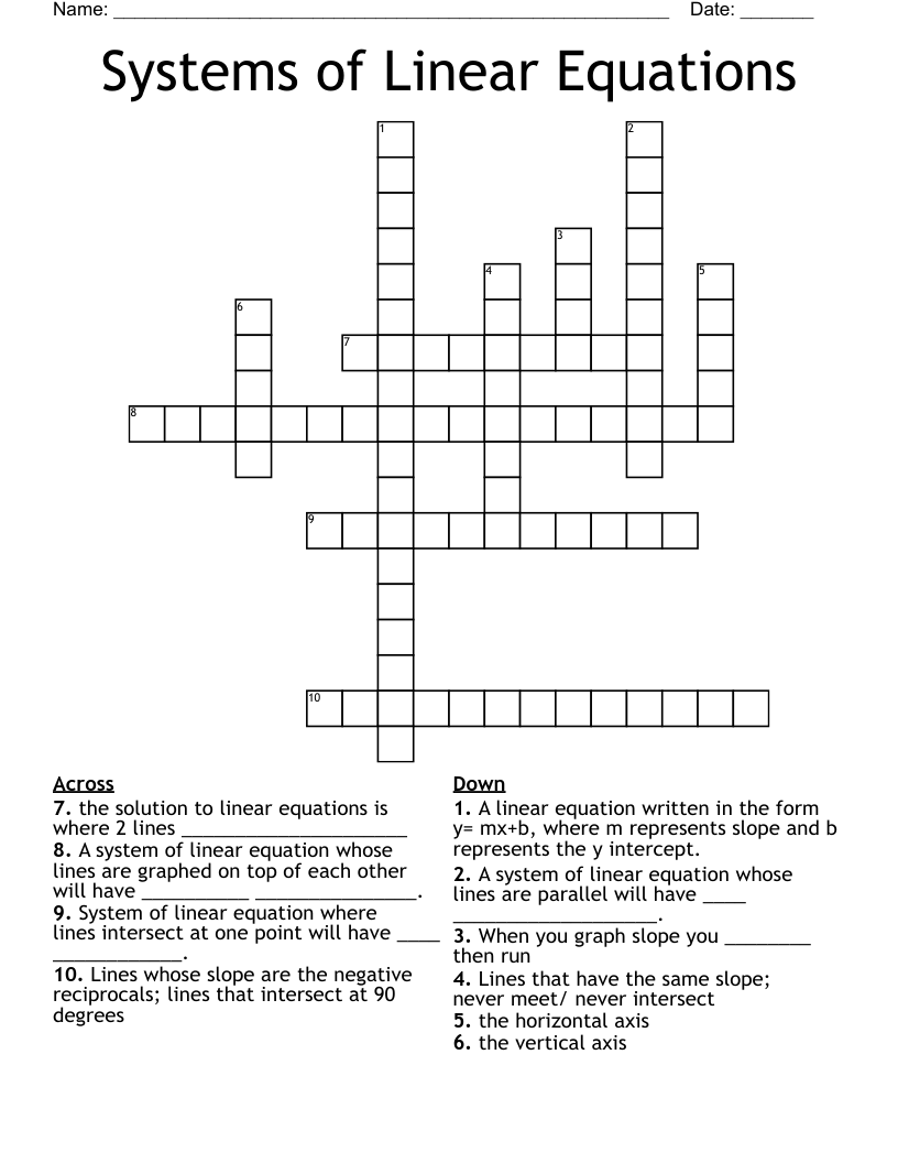 Systems of Linear Equations  Crossword