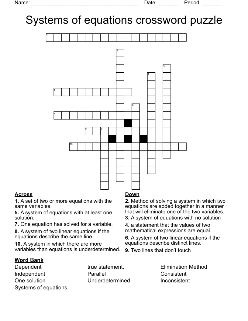 Systems of equations crossword puzzle